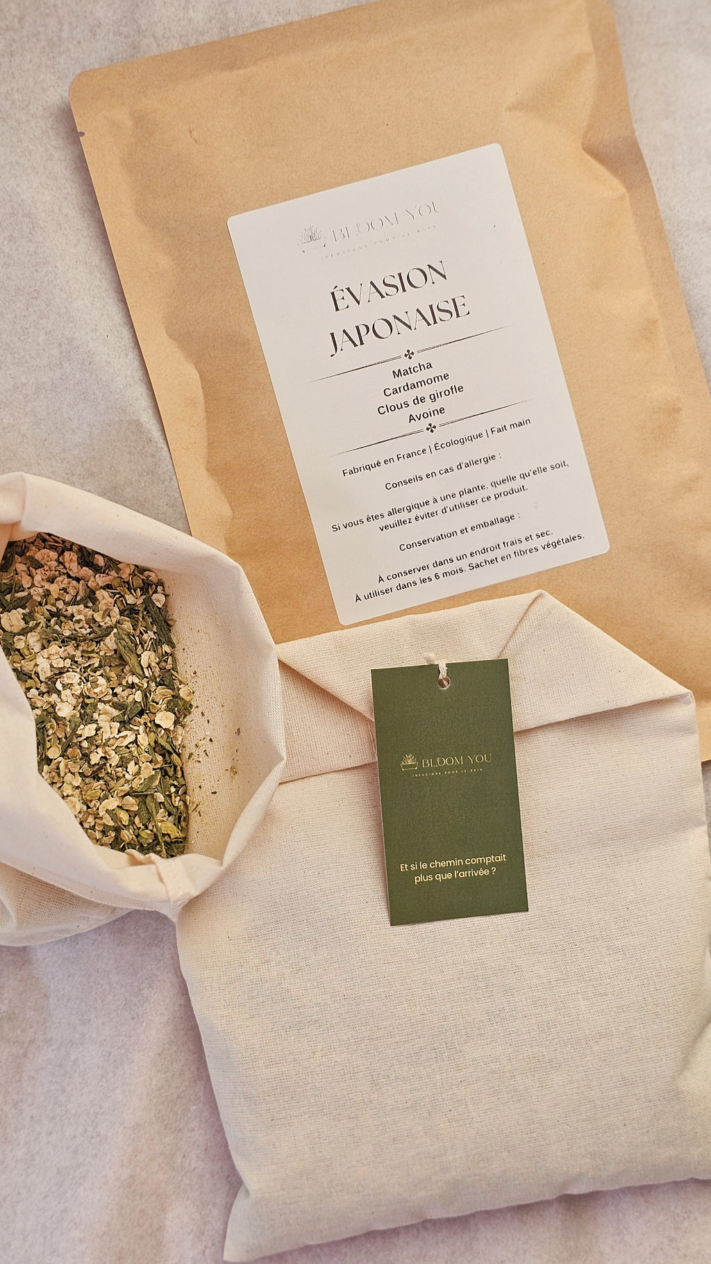 Évasion Japonaise – Sachet de thé géant pour le bain bio tonifiant au matcha, clou de girofle et cardamome