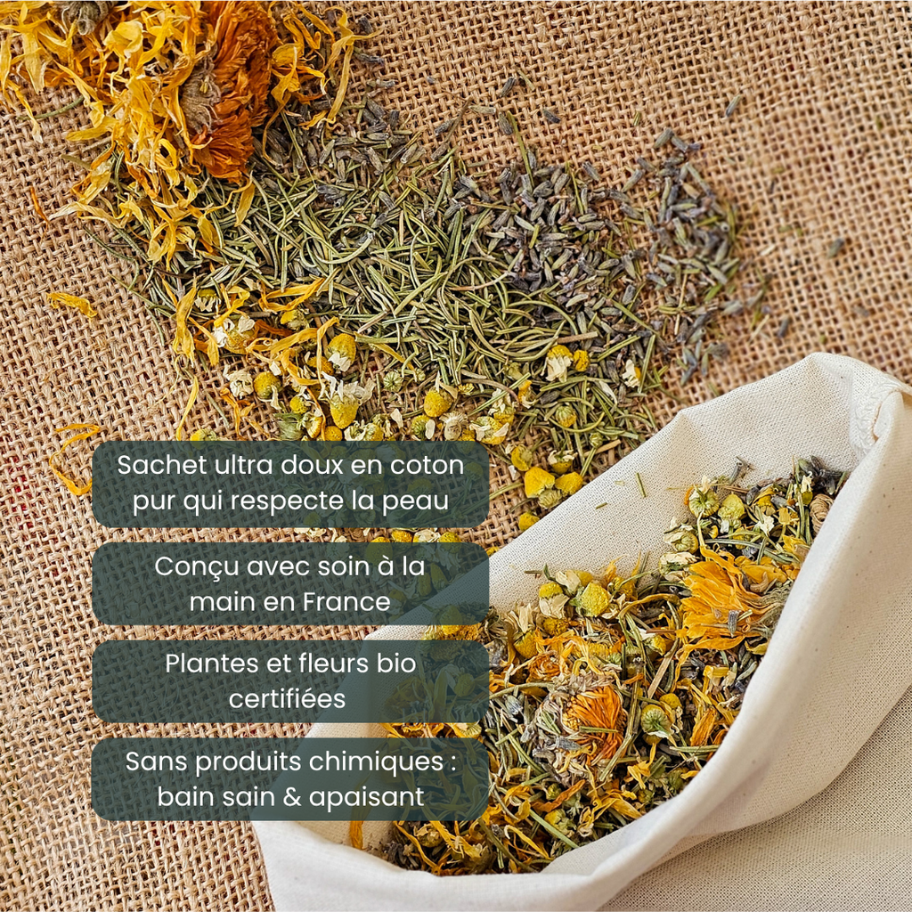 Rêve Méditerranéen – Sachet de thé géant pour le bain bio relaxant à la lavande, camomille, calendula et romarin