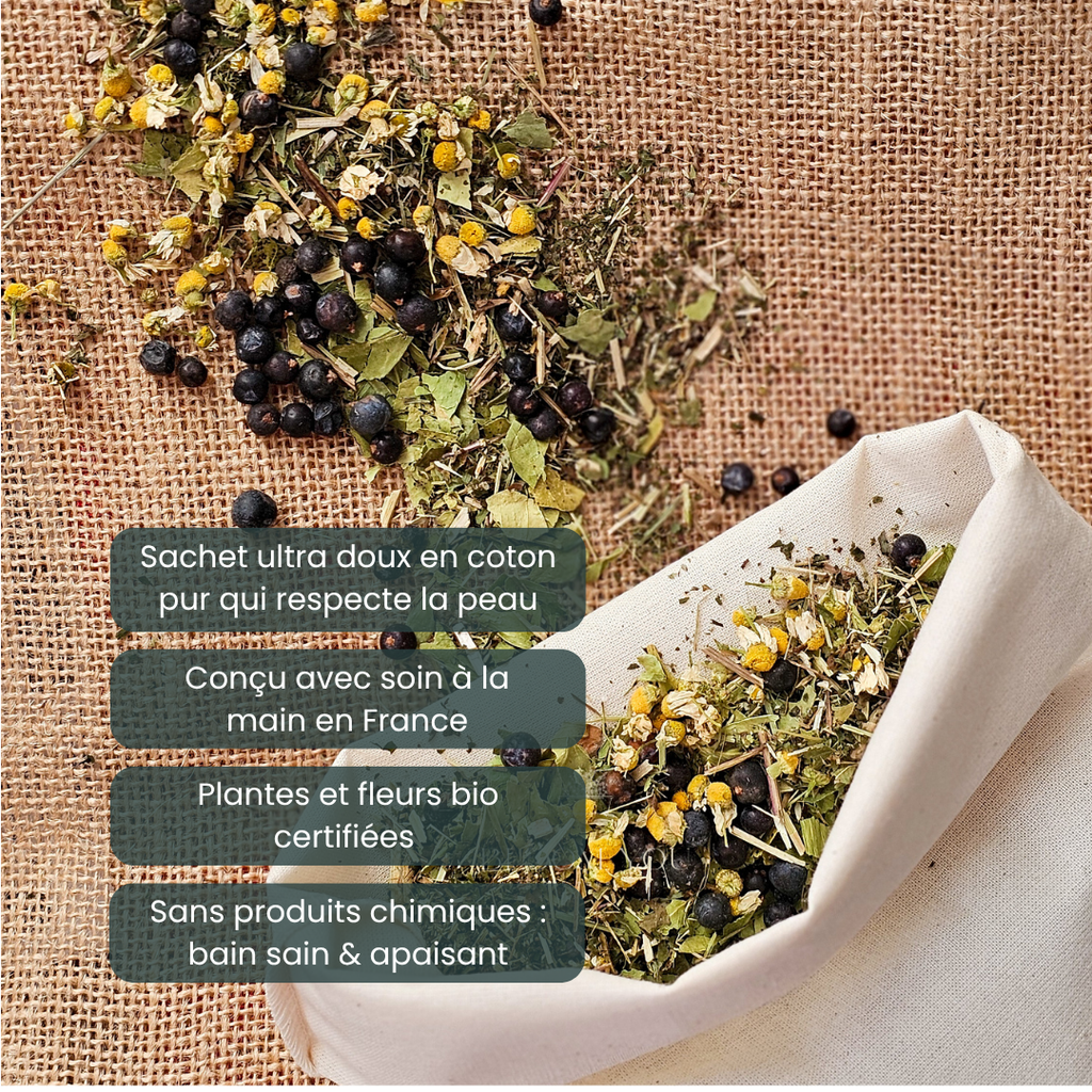 Sérénité Scandinave – Sachet de thé géant pour le bain bio relaxant à l’eucalyptus, genévrier et camomille