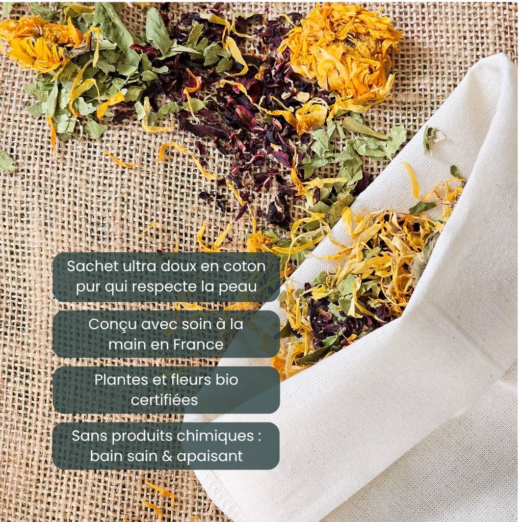Soleil d’Orient – Sachet de thé géant pour le bain bio relaxant à l’hibiscus, fleur d’oranger et calendula
