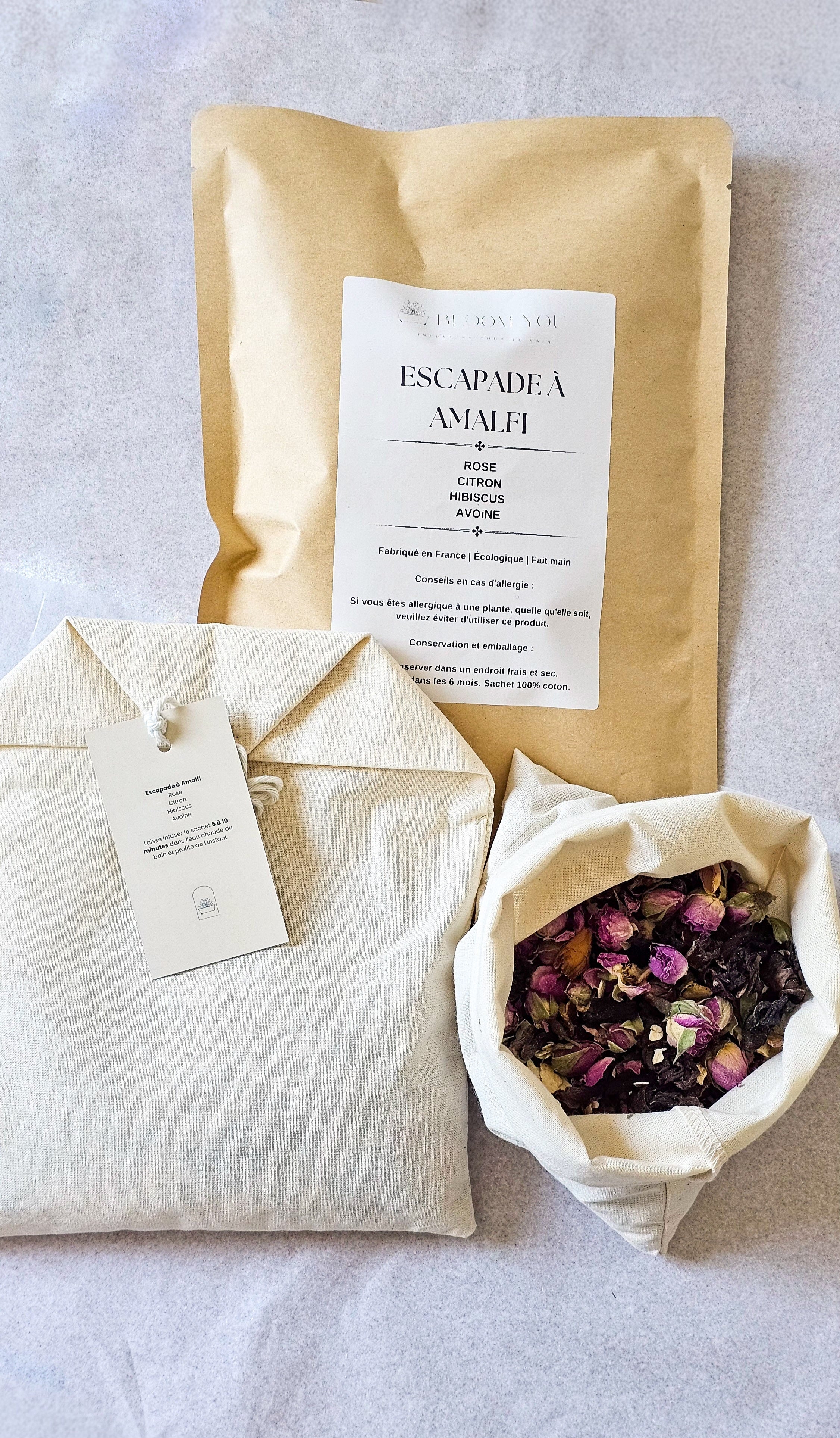 Escapade à Amalfi – Sachet de thé géant pour le bain bio relaxant à la rose, citron, hibiscus et avoine