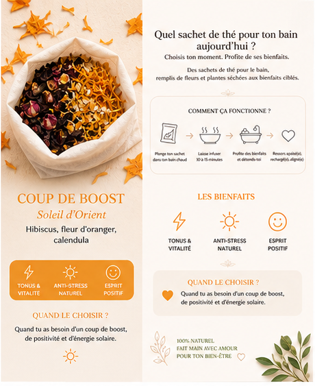 Soleil d’Orient – Sachet de thé géant pour le bain bio relaxant à l’hibiscus, fleur d’oranger et calendula