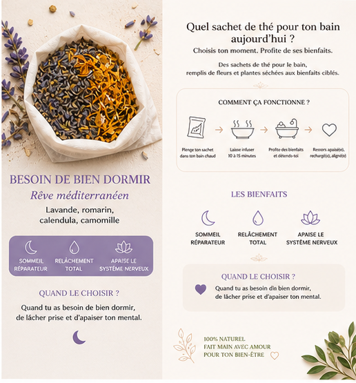 Rêve Méditerranéen – Sachet de thé géant pour le bain bio relaxant à la lavande, camomille, calendula et romarin